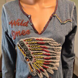 Double D Ranch-Long Sleeve T-shirt w stitch & bead design. Heather blue. Size M